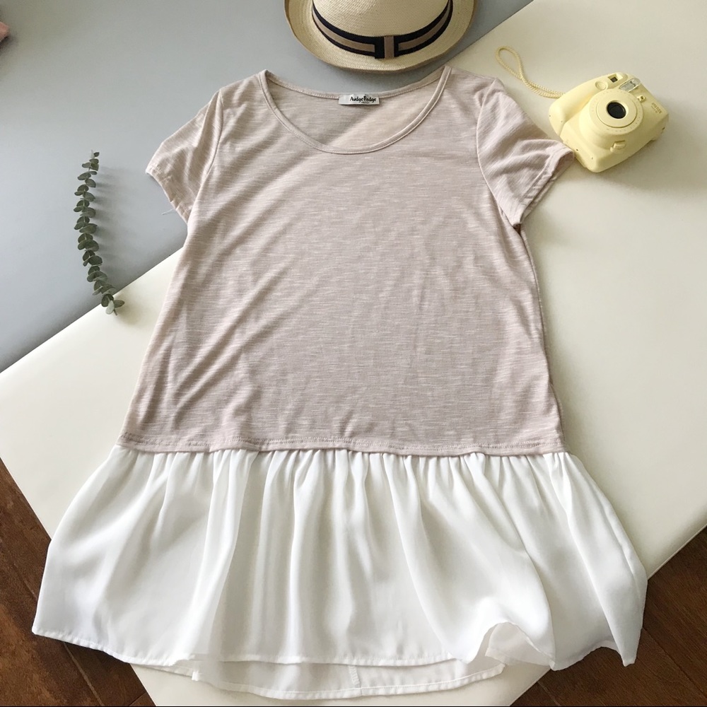 BNWOT tan tunic tee chiffon peplum hem Sz S
